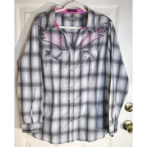 Wrangler Rock 47 Western Pearl Snap Shirt Women XXL Grey Black Pink Wing Rodeo